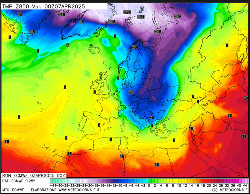 Mappe meteorologiche a 850 hPa secondo modello ECMWF previsto per lunedì. Fonte: Meteogiornale.it